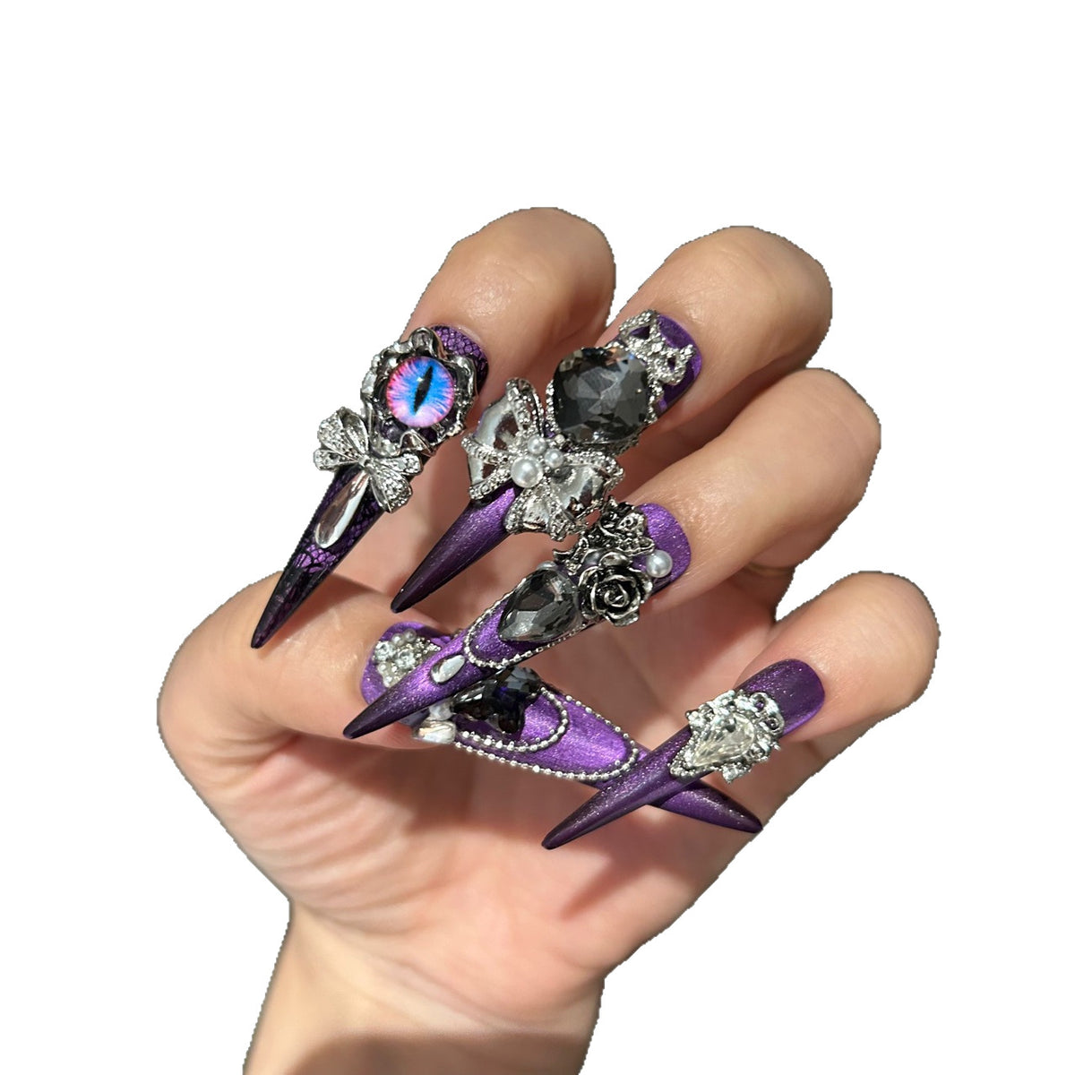 Handmade Purple Cat Eye Long Stiletto Press On Nails with Demon Eye, Black Rose & Giant Crystal Charms