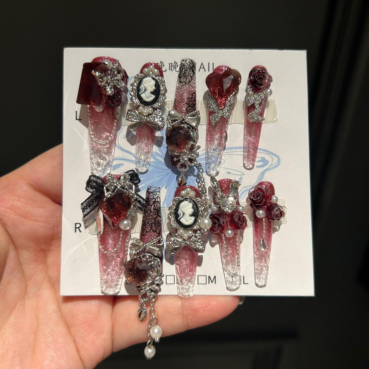 Handmade Red Gradient Clear Long Stiletto Press On Nails with Vintage Cameo Charms, 3D Red Roses, Lace Details, Red Heart Crystals & Dangling Chains