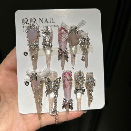Handmade Champagne Glitter Long Stiletto Press On Nails, Anime Girl Print False Nails with Pink Heart Gems, Bow & Dangling Chains
