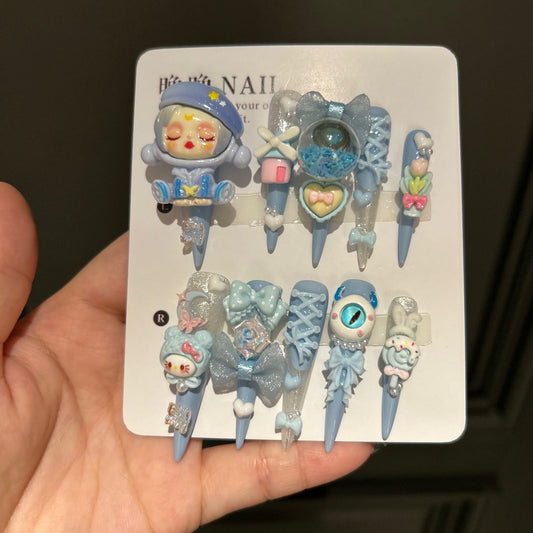 Handmade Blue Kawaii Space Doll Long Stiletto Press On Nails with 3D Resin Charms