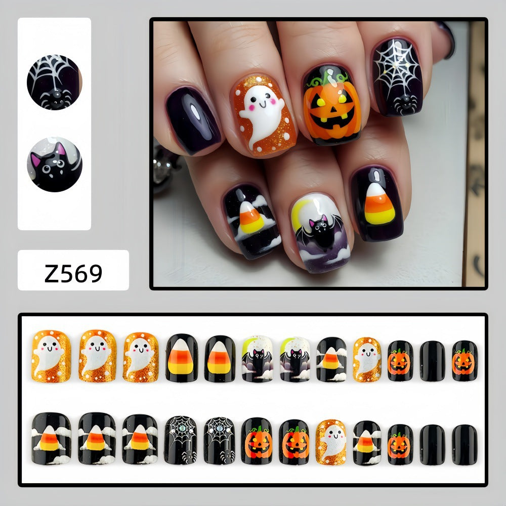 New Halloween fake nail patch soft cute ghost pumpkin lamp bat skull manicure wear armor
