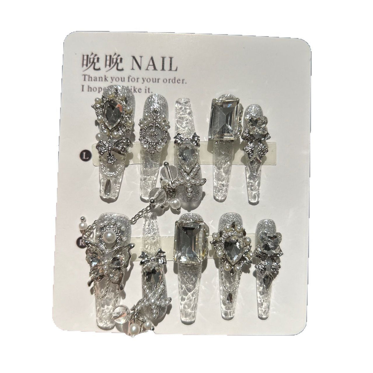 Handmade Clear Silver Glitter Long Coffin Press On Nails with Giant Clear Crystals, Butterfly Charms, Pearls & Dangling Silver Chains