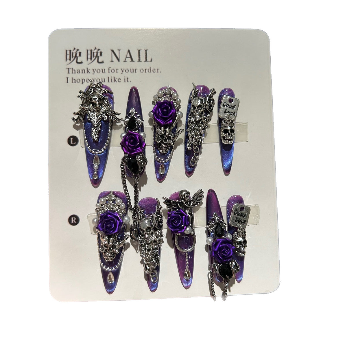Handmade Purple Blue Cat Eye Long Stiletto Press On Nails with 3D Purple Roses, Silver Skull Charms, Black Crystals, Pearls & Dangling Chains