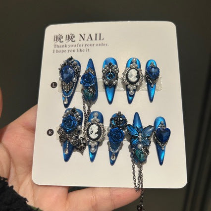 Handmade Royal Blue Gothic Press On Nails, Long Stiletto Metallic False Nails with 3D Blue Rose, Cameo Portrait, Pearls Rhinestones & Dangling Chain, Reusable Fake Nails for Party Cosplay