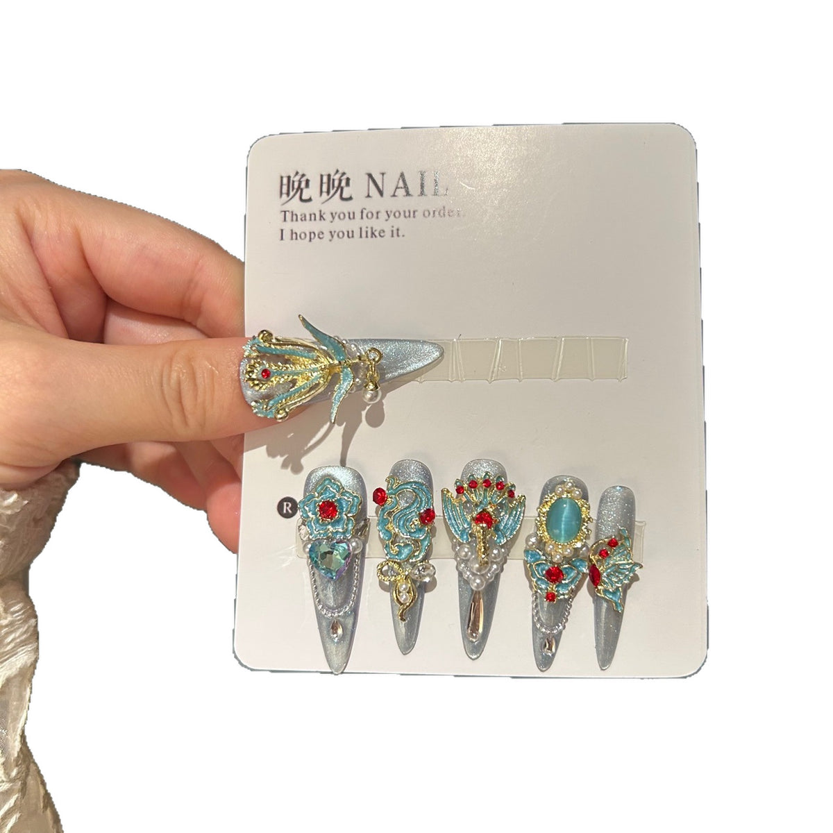 Handmade Silver Cat Eye Long Stiletto Press On Nails with Vintage Chinese Style Gold & Teal Metal Charms, Red Rhinestones, Cat Eye Gem & Pearls