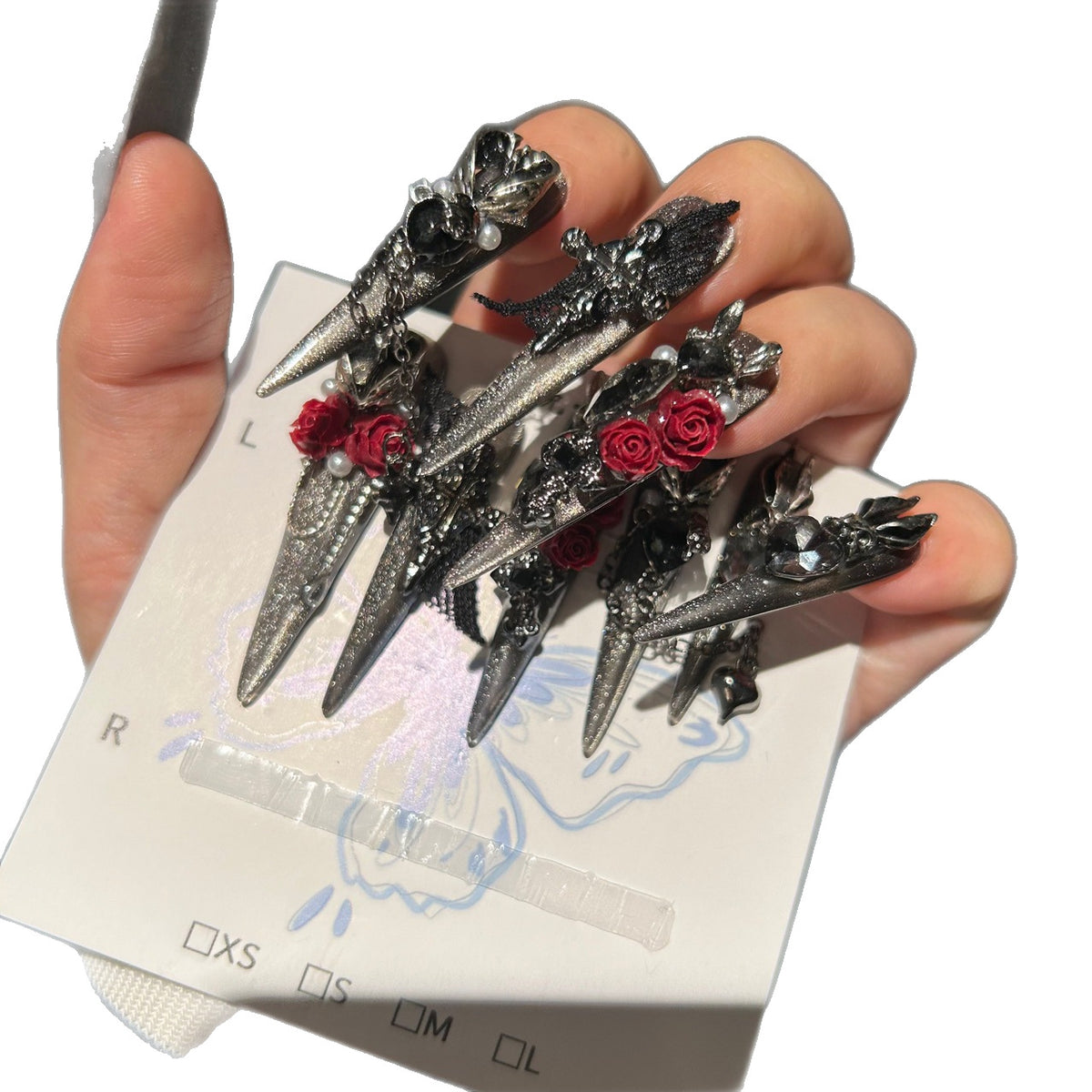 Handmade Silver Glitter Press On Nails, Long Stiletto Gothic Vampire False Nails with 3D Red Roses, Skeleton Hand, Cross & Skull Charms, Black Lace, Pearls, Black Gems & Dangling Metal Chains, Reusable Fake Nails for Cosplay, Halloween & Party