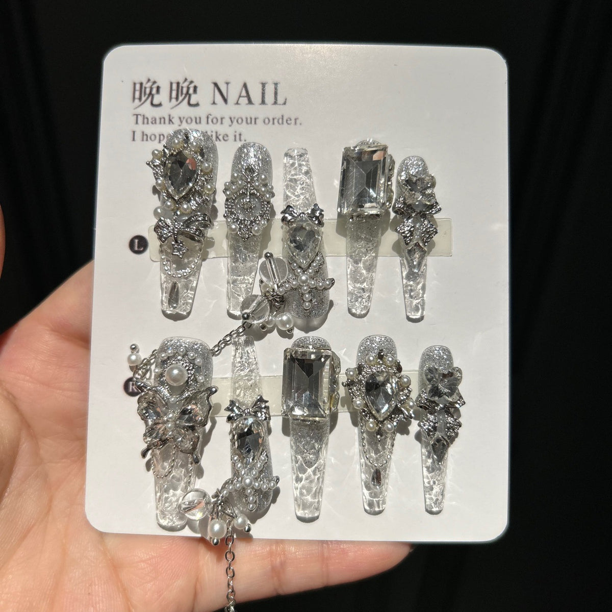Handmade Clear Silver Glitter Long Coffin Press On Nails with Giant Clear Crystals, Butterfly Charms, Pearls & Dangling Silver Chains