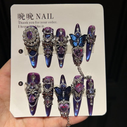 Handmade Purple Blue Chrome Long Stiletto Press On Nails with Large Purple Heart Crystals, Blue Butterfly Charms, Pearls & Dangling Silver Chains