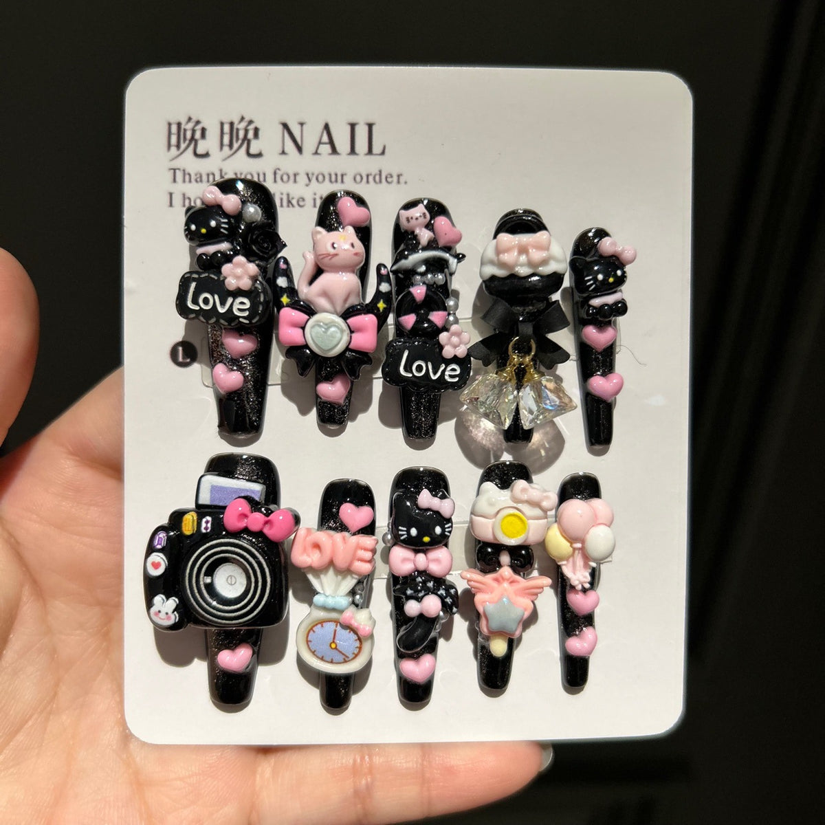 Black & Pink Glitter Coffin Press-on Nails with 3D Hello Kitty, Cute Cat, Camera, Clock, Bow, and Crystal Charms - Y2K Kawaii Fake Nail Set