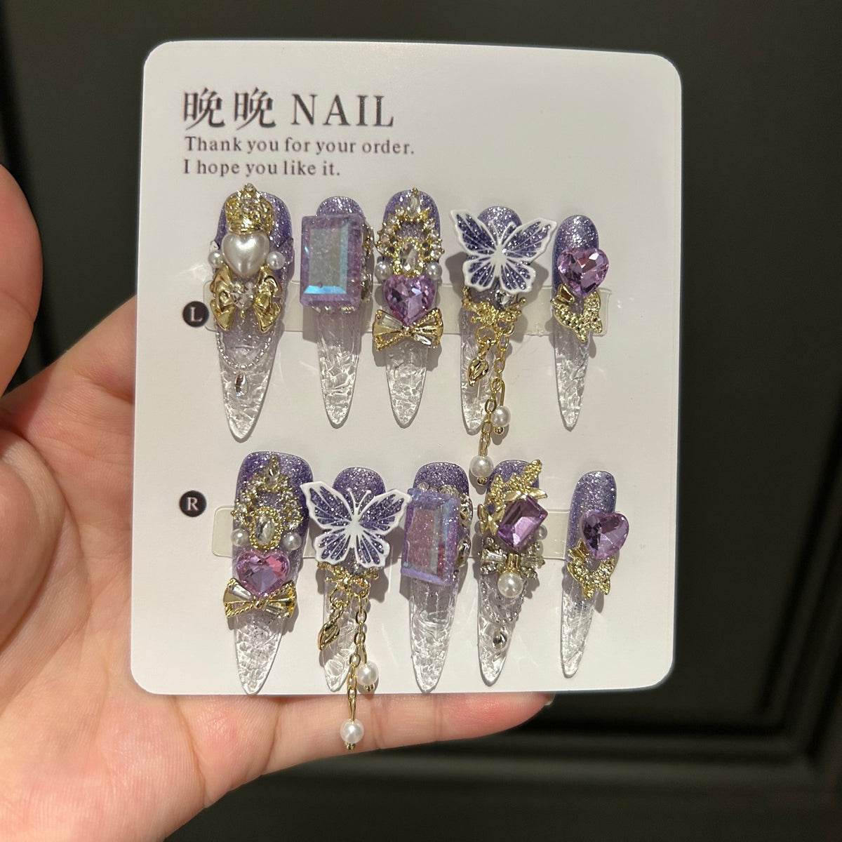 Handmade 3D Butterfly Press On Nails | Luxury Purple Cat Eye & Shimmer Reusable Fake Nails, Heavy Industry Rhinestone Nail Art for Women