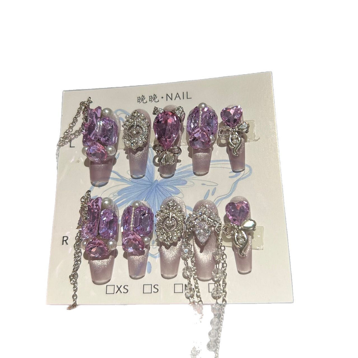 Handmade Light Purple Cat Eye Long Coffin Press On Nails with Large Purple Crystal & Pearl Bow Charms