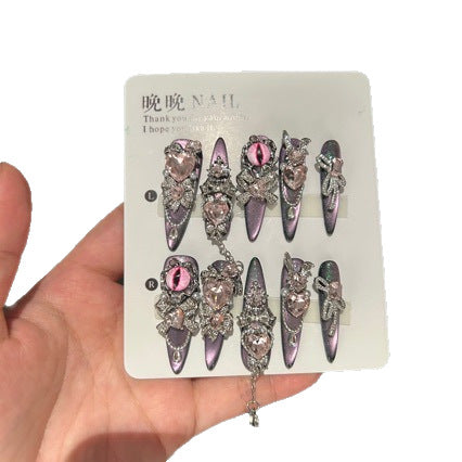 Handmade Dark Purple Metallic Long Stiletto Press On Nails with Pink Evil Eye Charms, Giant Pink Heart Crystals, Rhinestone Clusters & Dangling Silver Chains