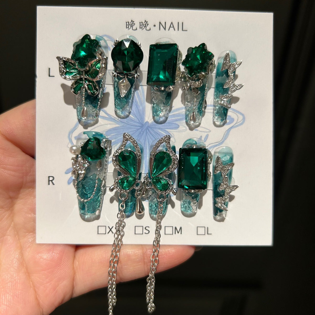 Handmade Teal Ink Wash Clear Long Stiletto Press On Nails with Giant Emerald Green Crystals, Green Butterfly Charms, Rhinestones & Long Dangling Silver Chains