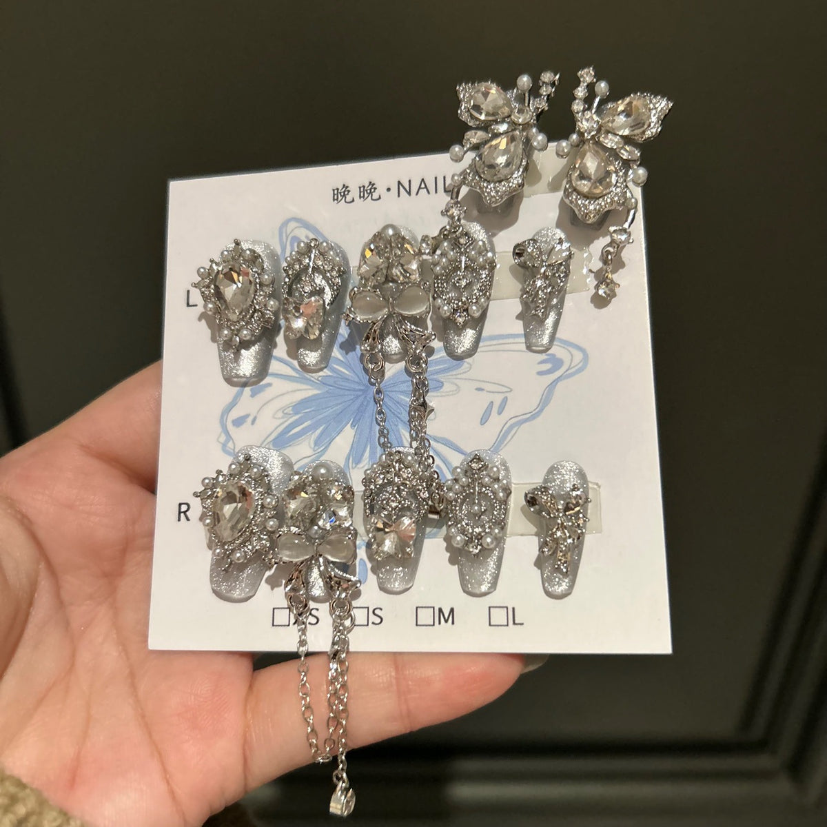 Handmade Silver Cat Eye Long Coffin Press On Nails with Giant Rhinestone Butterfly, Pearls & Dangling Chain Charms