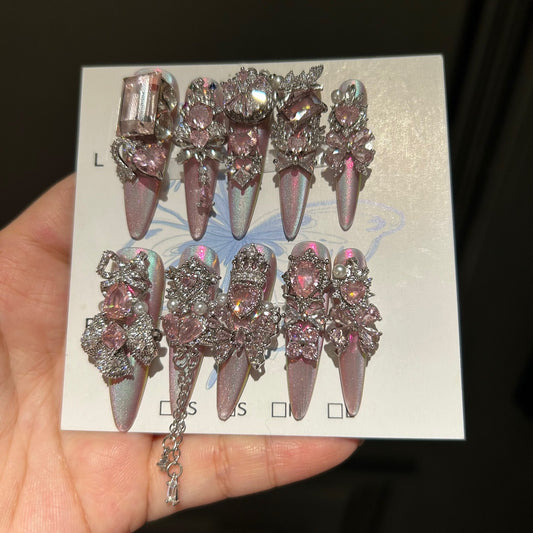 Holographic Pink Cat Eye Stiletto Press-on Nails with 3D Pink Crystal Gems, Bowknot, and Hanging Chain Charms - Luxury Fairy Fake Nail Set