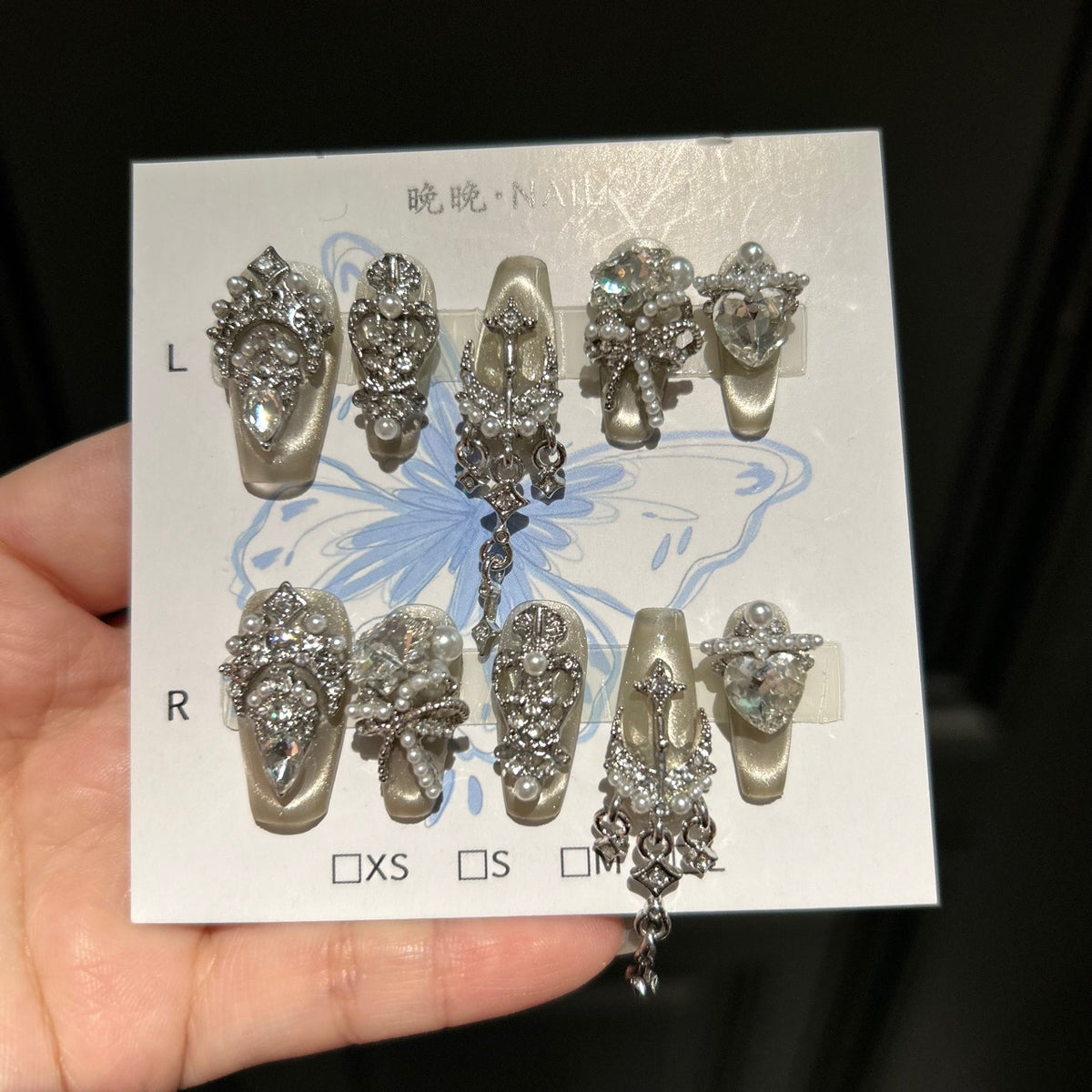 Handmade Cream Champagne Cat Eye Long Stiletto Press On Nails with Silver Rhinestone Filigree, Giant Heart Crystals & Dangling Chains
