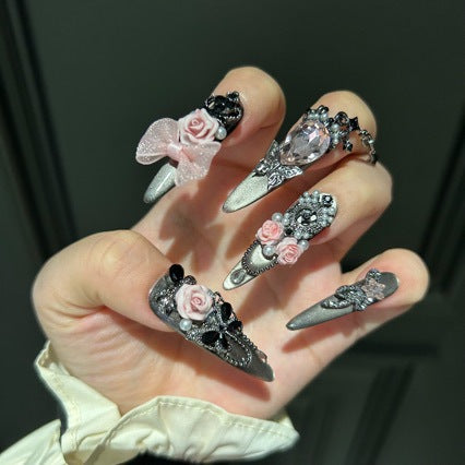 Gunmetal Grey Cat Eye Stiletto Press-on Nails with Oversized Pink Crystal, Sheer Bow, 3D Pink Rose, and Heavy Silver Carvings - Dark Sweet Cool Fake Nail Set