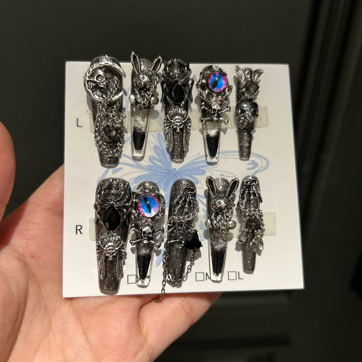 Handmade Black Smoky Glitter Long Coffin Press On Nails with Demon Eye, Skull, Spider & Gothic Rabbit Metal Charms