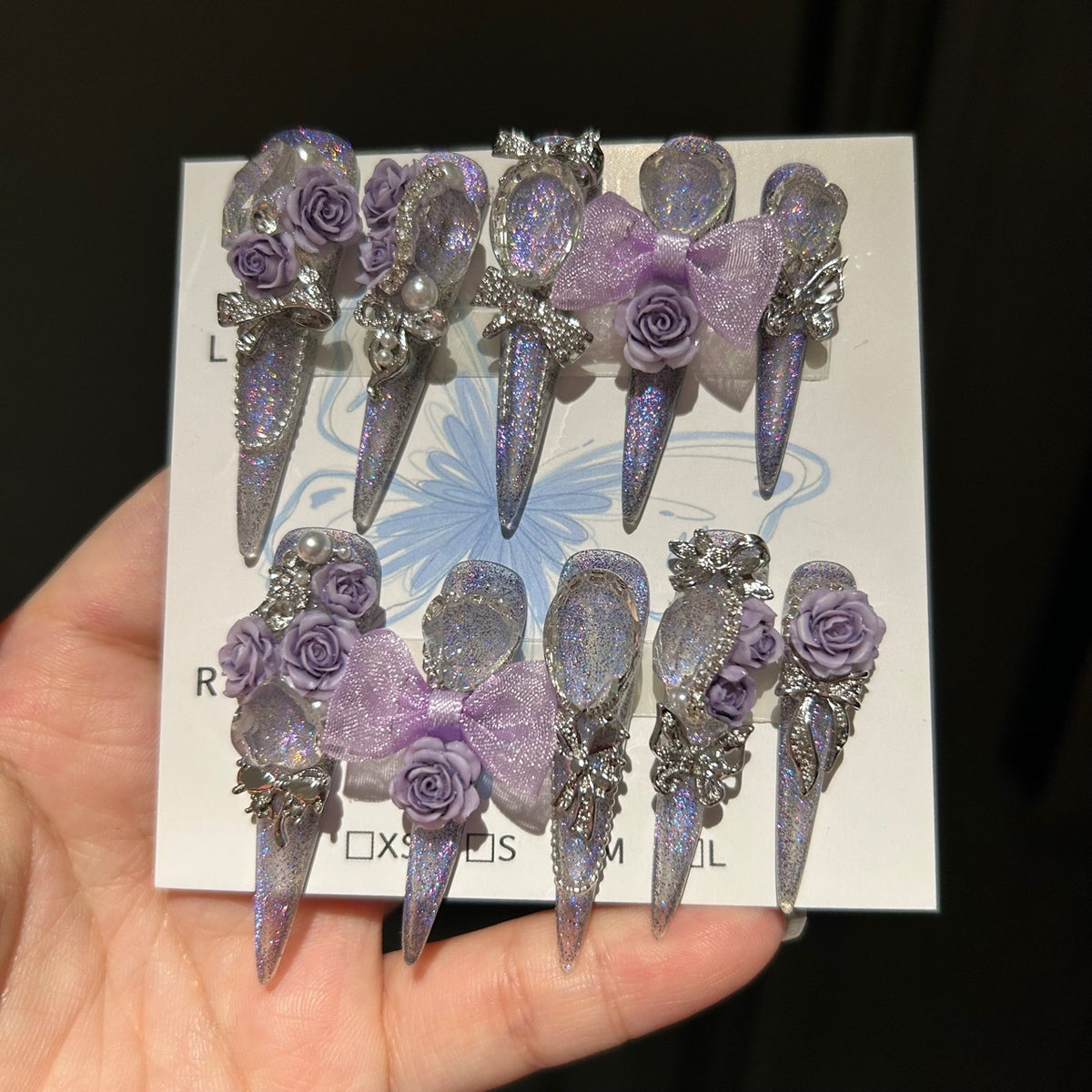 Handmade Purple Glitter Rose Bow Long Stiletto Press On Nails with Rhinestones & Pearls