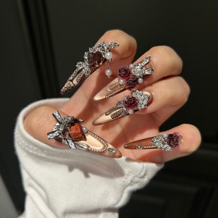 Handmade Vintage Rose Press On Nails | Luxury Heavy Industry 3D Flower & Gemstone Reusable Fake Nails, Dark Champagne Cat Eye Nail Art
