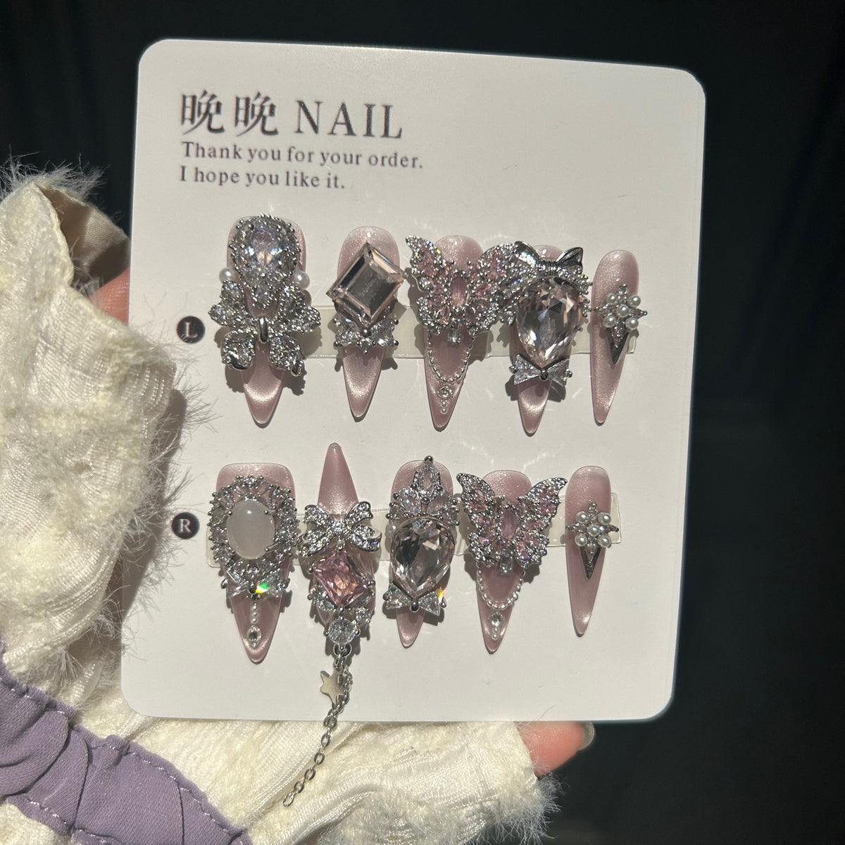 Handmade Nude Pink Chrome Long Stiletto Press On Nails with Pink Rhinestone Butterflies, Multi-Size Crystals, Pearl Accents & Silver Chain Tassels