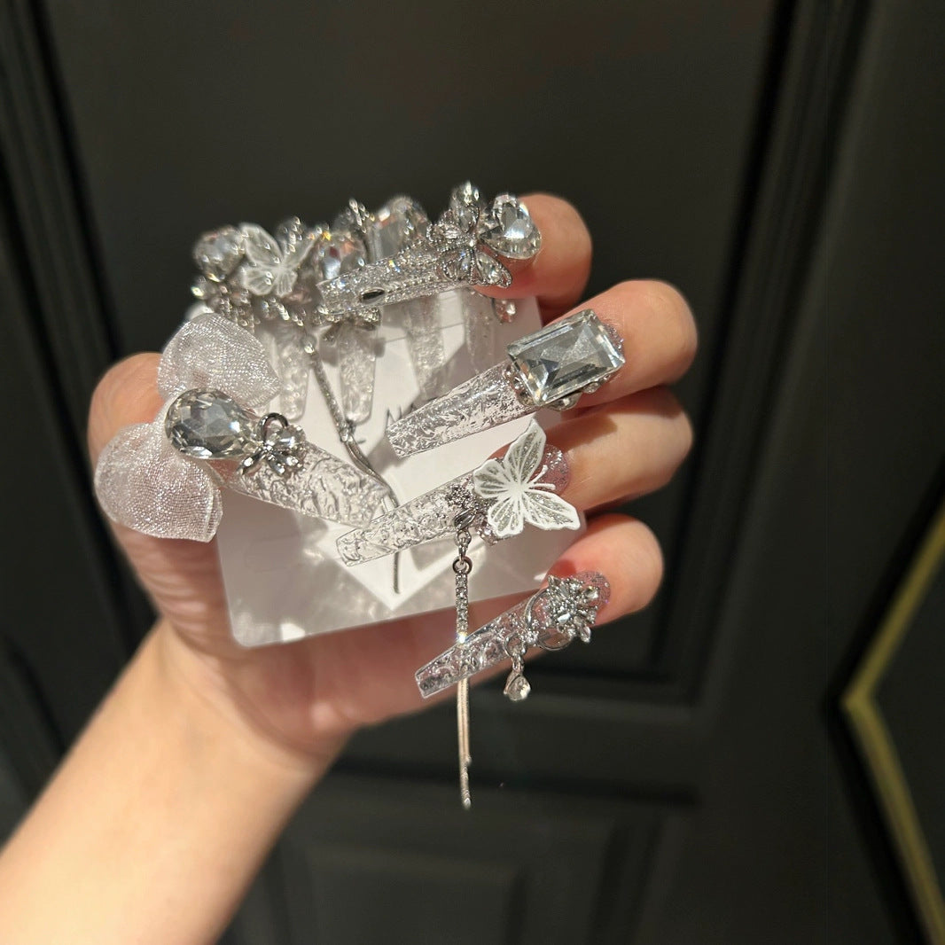 Silver Glitter Coffin Press-on Nails with 3D Mesh Bowknot, Crystal Rhinestone, and Hanging Chain Charms - Luxury Fairy Fake Nail Set