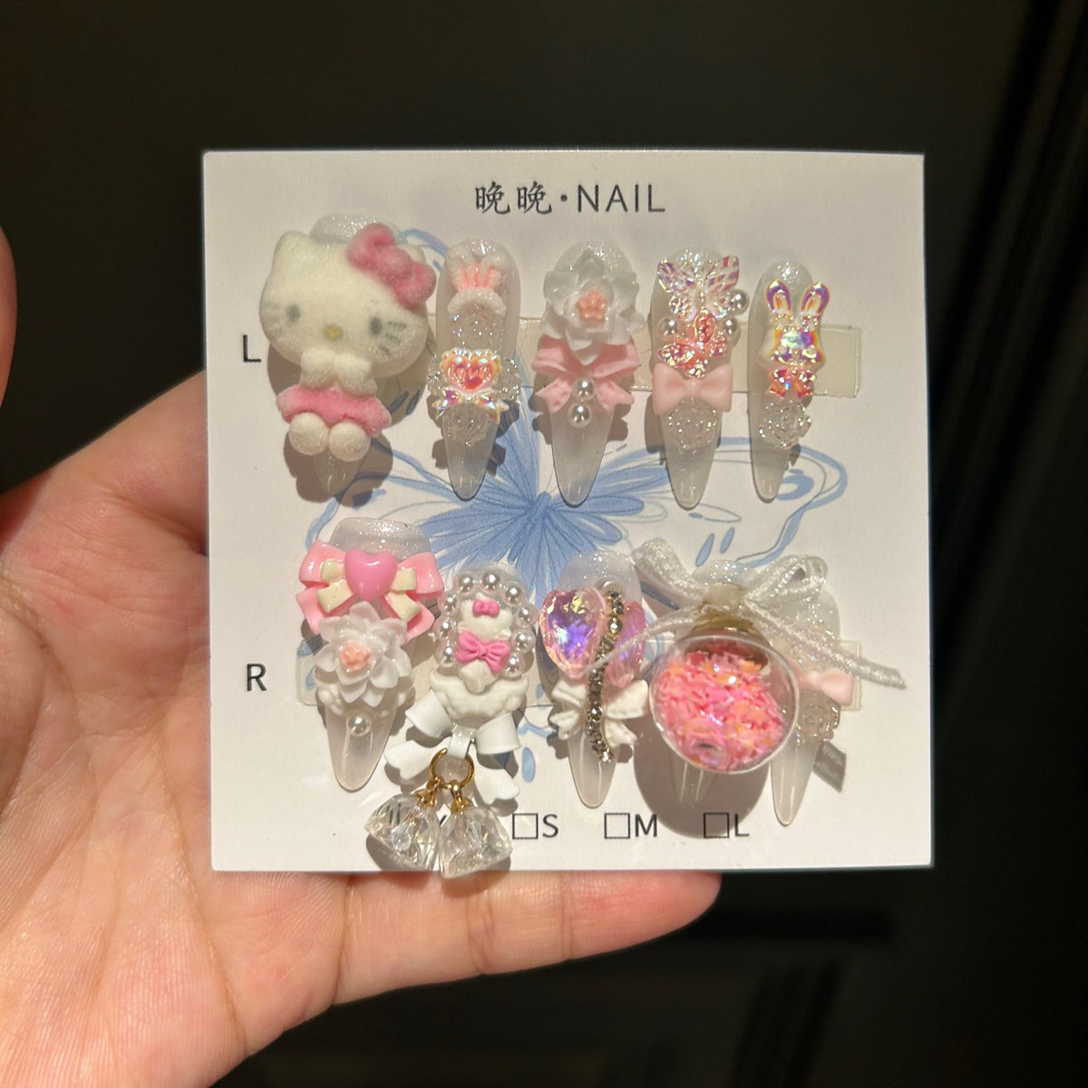 Handmade Clear Glitter Long Stiletto Press On Nails with 3D Flocked Cartoon Character, Bows & Shaker Bubble Charms