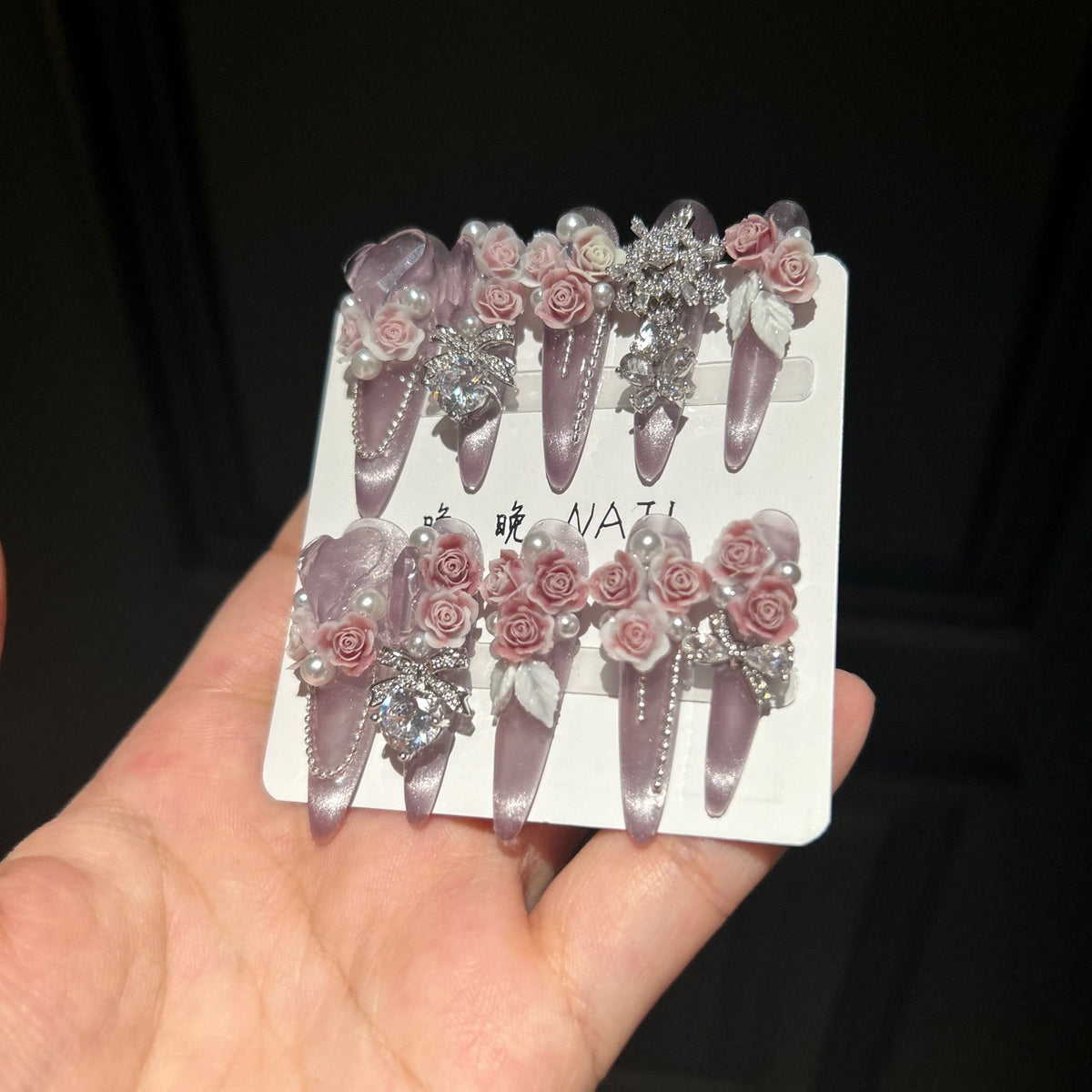 Handmade Dusty Pink Cat Eye Long Stiletto Press On Nails with 3D Pink Roses, Silver Rhinestone Charms, Pearls & Sheer Organza Bows