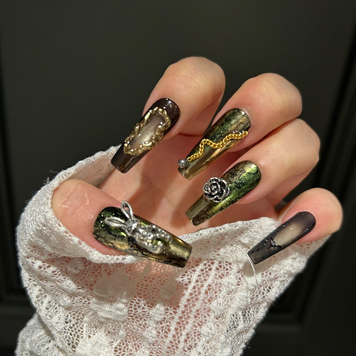 Handmade Moss Green Metallic Long Coffin Press On Nails with Silver Bunny, Bee & Rose Charms, Crackle Texture, Gold Frame Decor