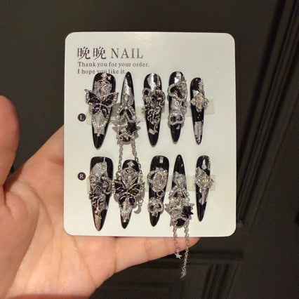Handmade Dark Gothic Press On Nails | Luxury Heavy Industry Silver Chain & 3D Metal Art Reusable Fake Nails, Edgy Black Stiletto Nail Art