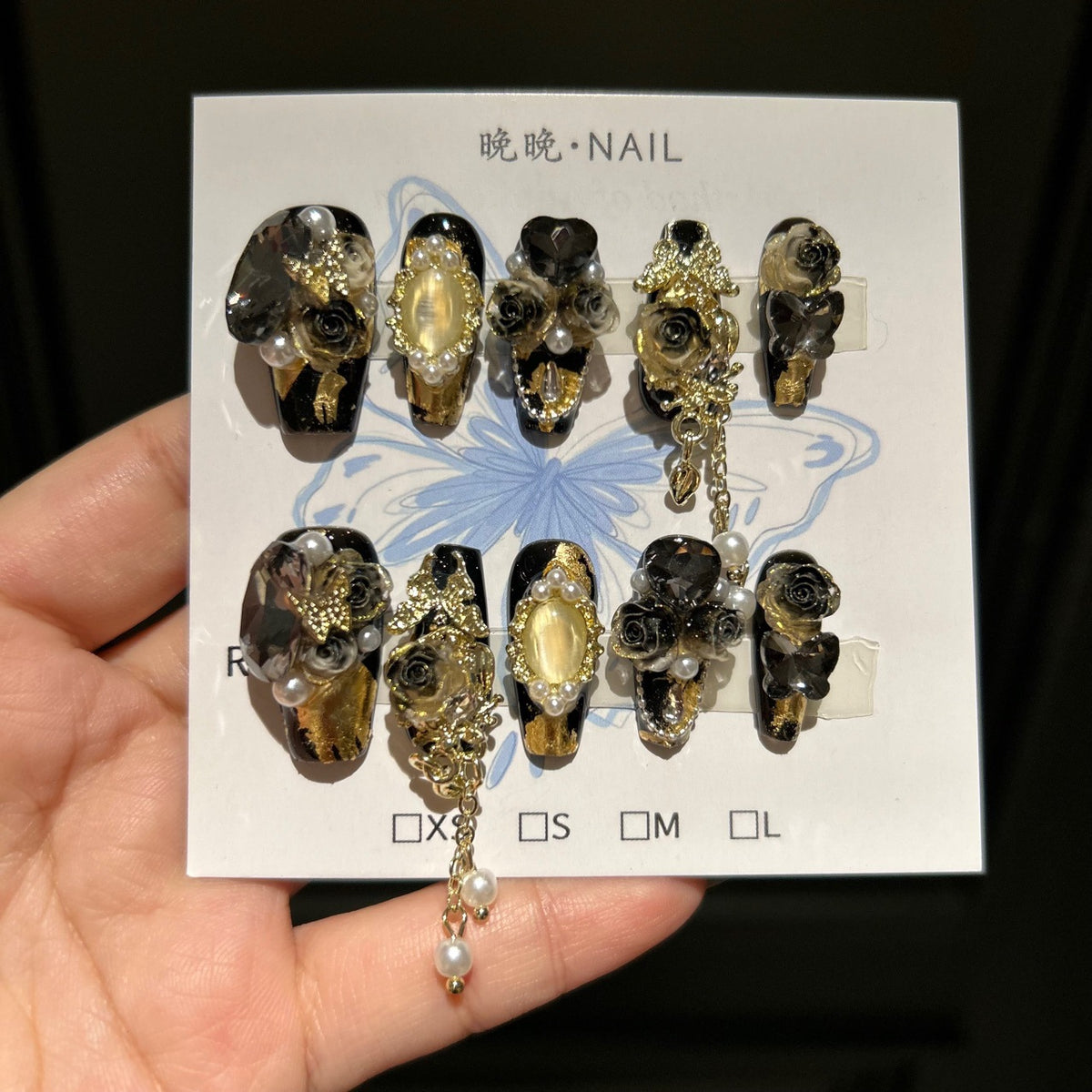Black and Gold Gothic Coffin Press-on Nails with 3D Black Rose, Pearl Gem, and Hanging Chain Charms - Luxury Dark Glam Fake Nail Set