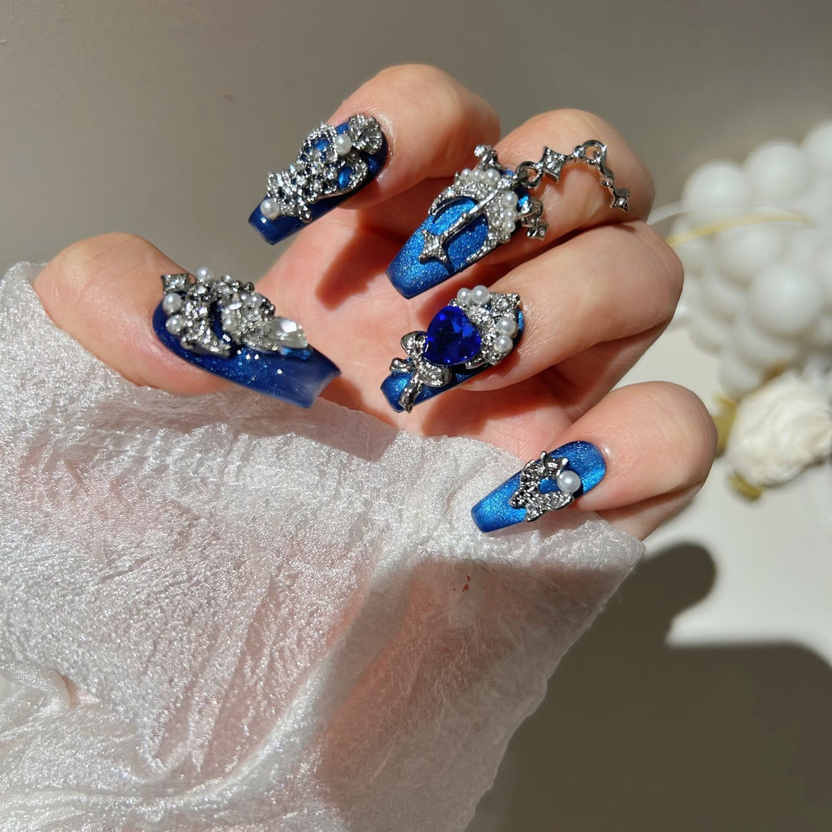 Handmade Royal Blue Cat Eye Long Coffin Press On Nails with Heart Sapphire Crystals & Crown Charms