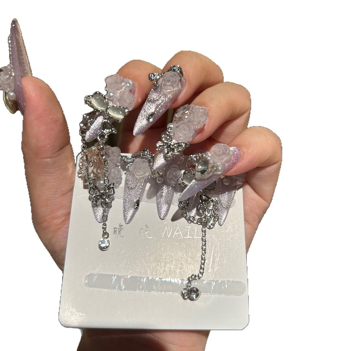 Handmade Pale Lavender 3D Rose Long Coffin Press On Nails with Bow, Crystals & Dangling Chains