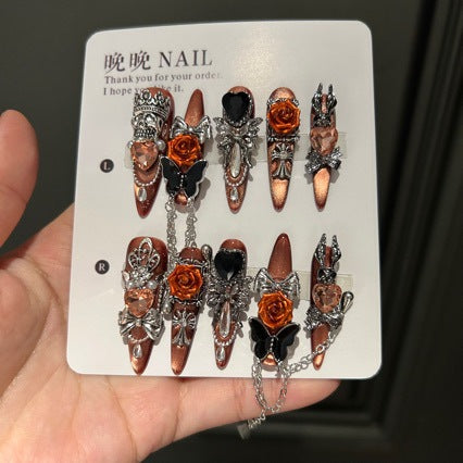 Handmade Vintage Orange Cat Eye Press On Nails | Luxury Heavy Industry 3D Rose, Crown & Chain Reusable Fake Nails, Goth Nail Art