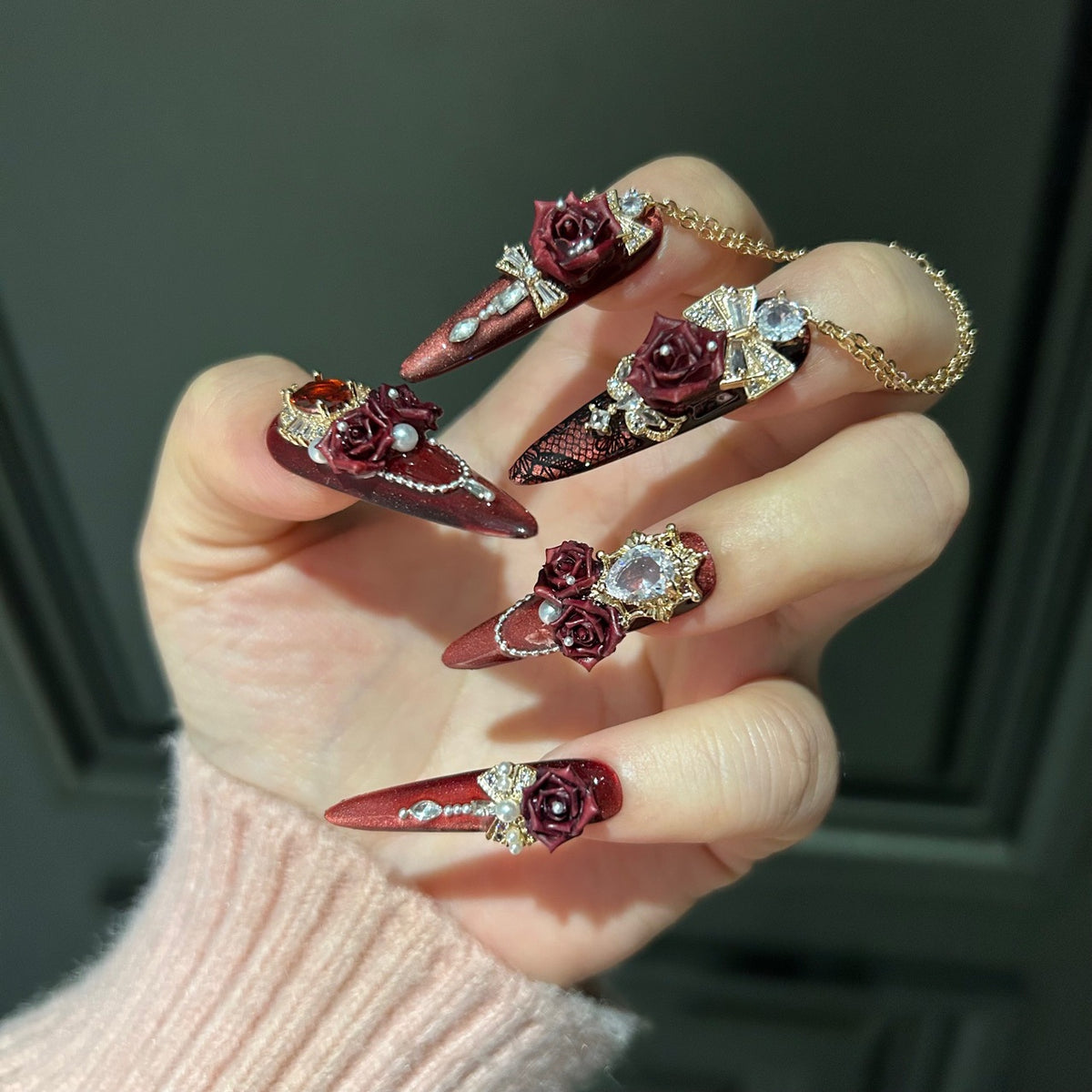 Handcrafted Designer Burgundy Press-on Nails - Metallic Cat Eye Base with Heavy 3D Floral, Rhinestones and Interconnected Chains