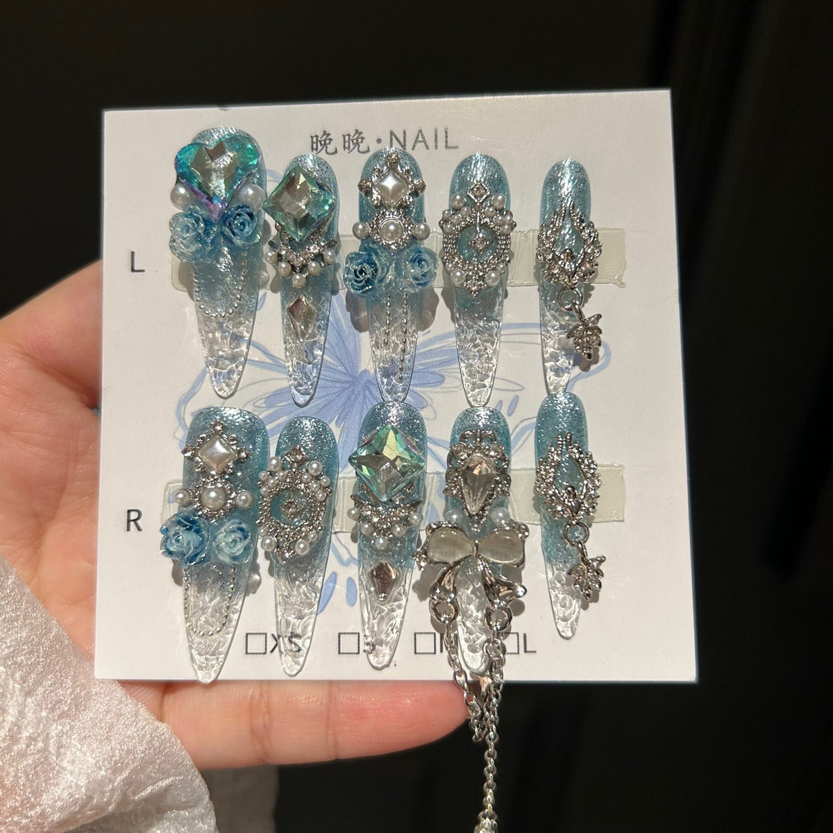 Handmade Blue Glitter Gradient Long Stiletto Press On Nails with 3D Blue Roses, AB Crystals & Dangling Chain Charms