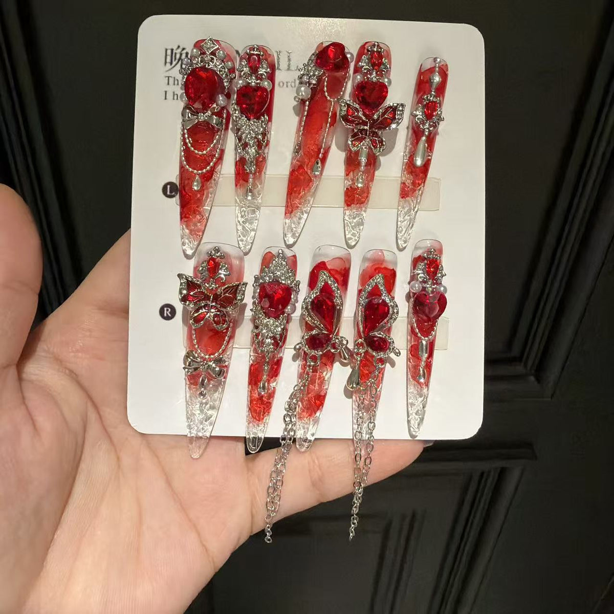 Handmade Red Petal Clear Long Stiletto Press On Nails with Large Red Heart Crystals & Butterfly Silver Charms