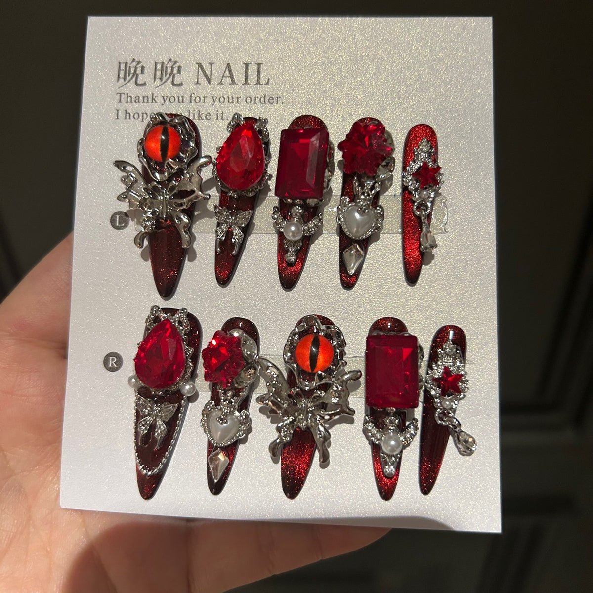 Handmade Red Demon Eye Long Stiletto Press On Nails, Red Gem Butterfly False Nails with Pearls & Chains