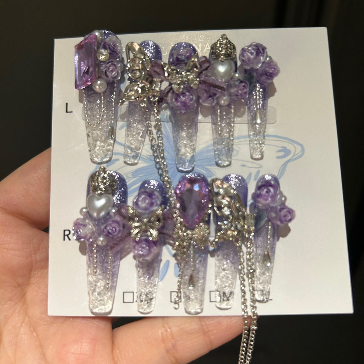 Handmade Purple Ombre Clear Long Stiletto Press On Nails, 3D Purple Rose Butterfly False Nails with Purple Gems & Dangling Silver Chains