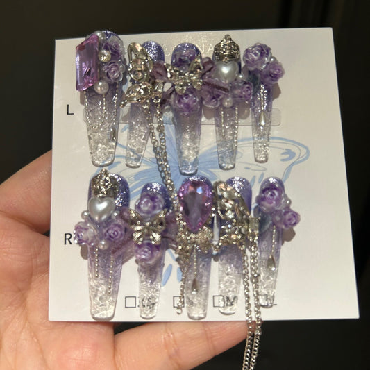 Handmade Purple Ombre Clear Long Stiletto Press On Nails, 3D Purple Rose Butterfly False Nails with Purple Gems & Dangling Silver Chains