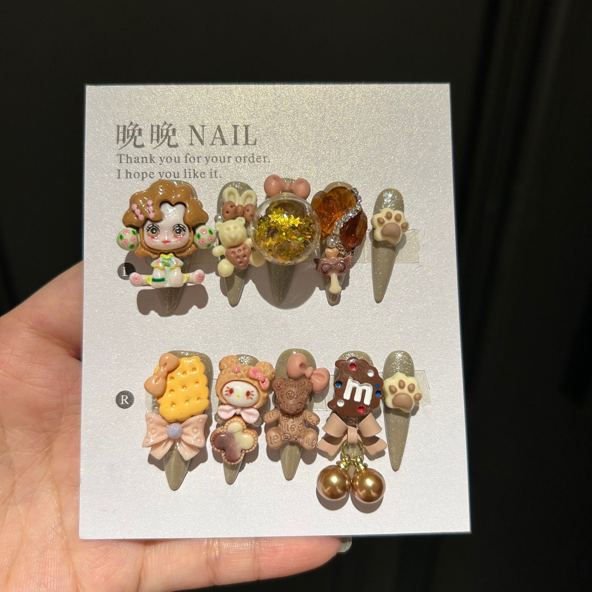 Handmade Brown Kawaii Doll Bear Cookie Long Stiletto Press On Nails with 3D Resin Charms