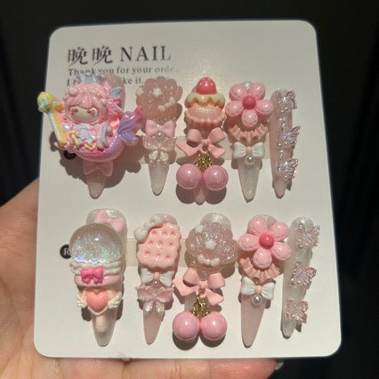Handmade Pink Mermaid Cartoon Doll Long Stiletto Press On Nails with Cupcake, Cherry & Flower Charms