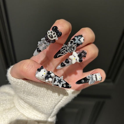 Handmade Gothic Hello Kitty Press On Nails, Long Stiletto 3D Charm False Nails, Black Silver Glitter Y2K Plaid Bow Reusable Nail for Party Cosplay