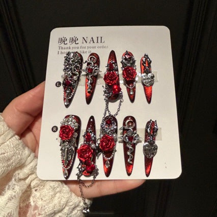 Handmade Red Black Metallic Long Stiletto Press On Nails with 3D Red Roses, Snake Charms, Red Crystals, Silver Rhinestones & Dangling Metal Chains