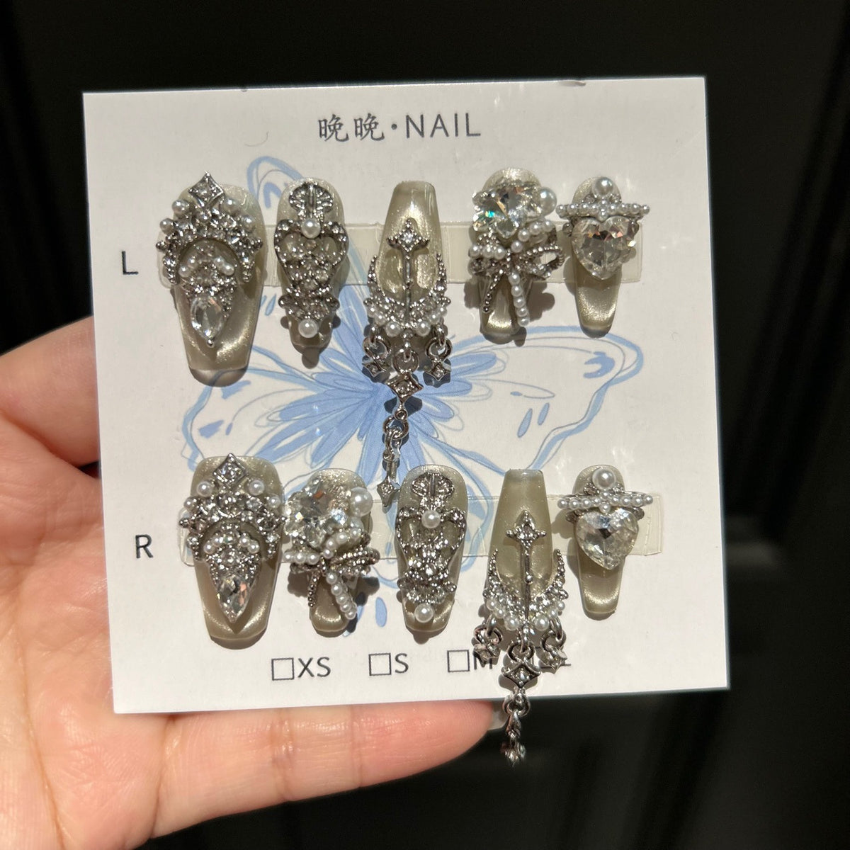 Handmade Cream Champagne Cat Eye Long Stiletto Press On Nails with Silver Rhinestone Filigree, Giant Heart Crystals & Dangling Chains