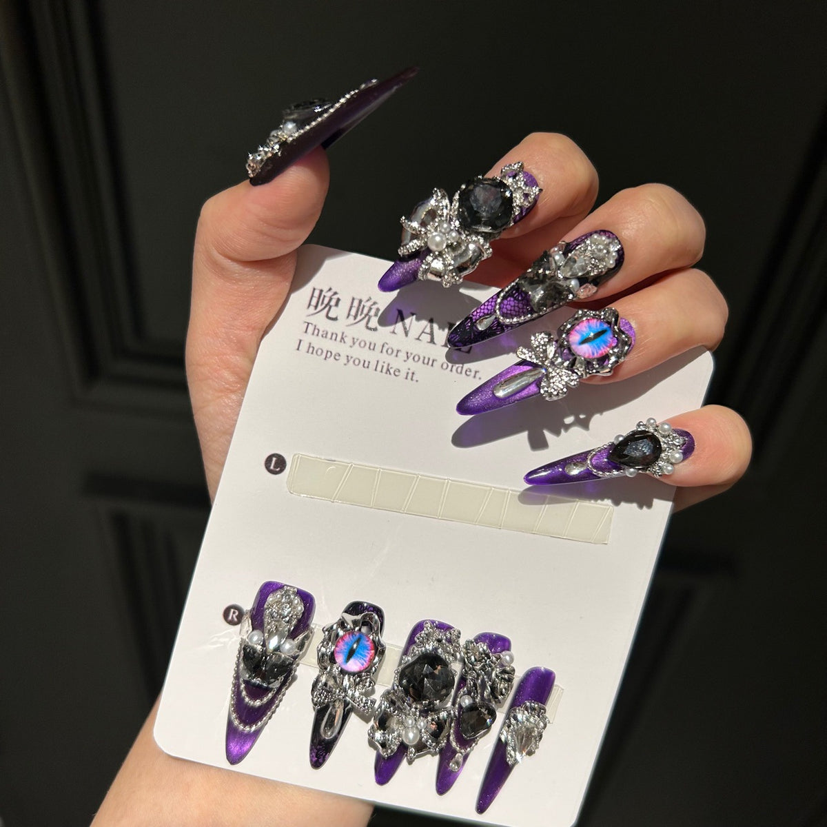 Handmade Purple Cat Eye Long Stiletto Press On Nails with Demon Eye, Black Rose & Giant Crystal Charms