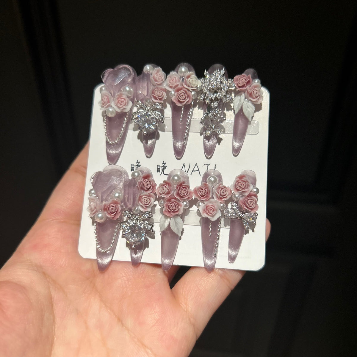 Handmade Dusty Pink Cat Eye Long Stiletto Press On Nails with 3D Pink Roses, Silver Rhinestone Charms, Pearls & Sheer Organza Bows