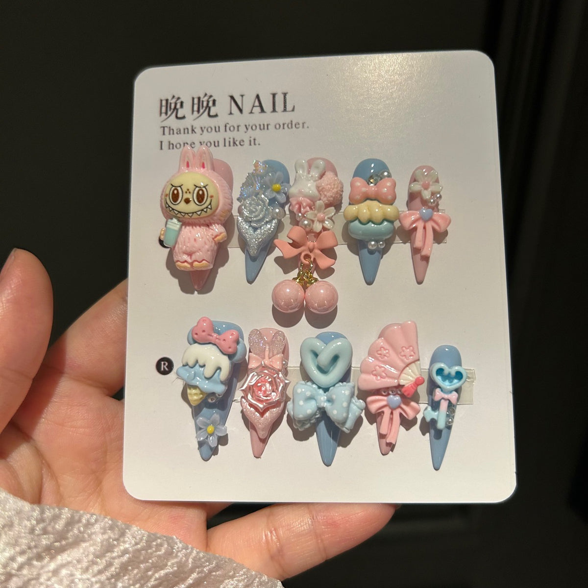 Handmade Cute Pink Blue Labubu Character Long Stiletto Press On Nails with 3D Charms & Bows