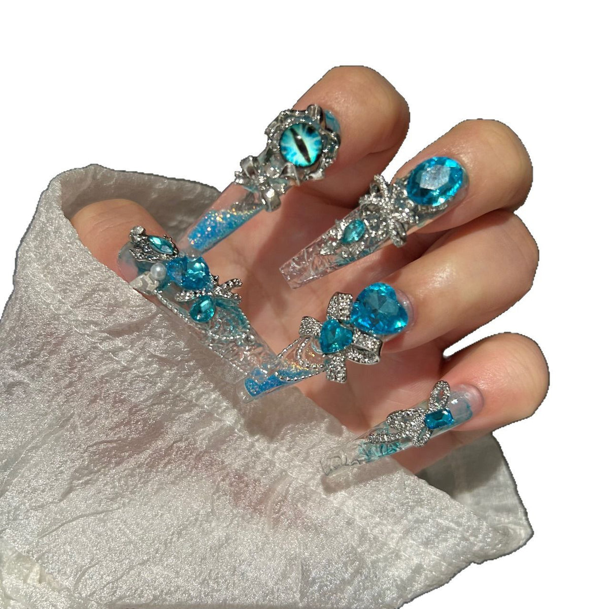 Handmade Blue Glitter Gradient Long Coffin Press On Nails with Blue Evil Eye Charms, Large Blue Heart Crystals, Rhinestone Bows & Silver Chains