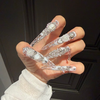 Handmade Clear White Long Stiletto Press On Nails with Vintage Cameo Frames, 3D White Roses, Rhinestone Crowns, Pearls & Dangling Silver Chains